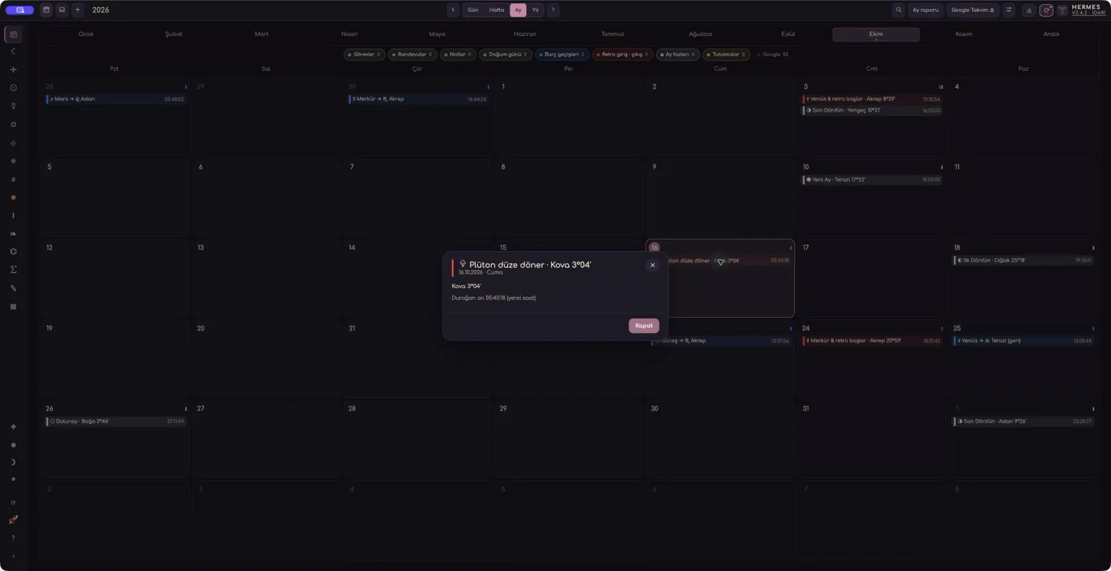 Astrological event details · actual dark screen
